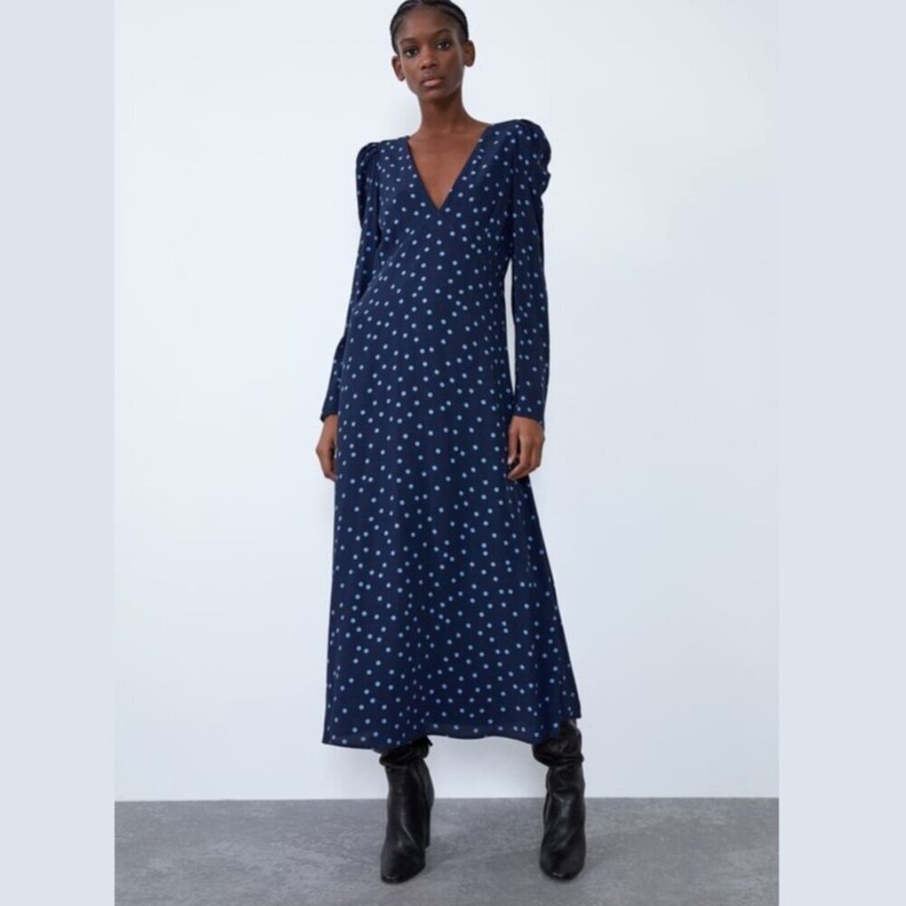 Zara Navy Blue Midi Dress with White Polka Dots